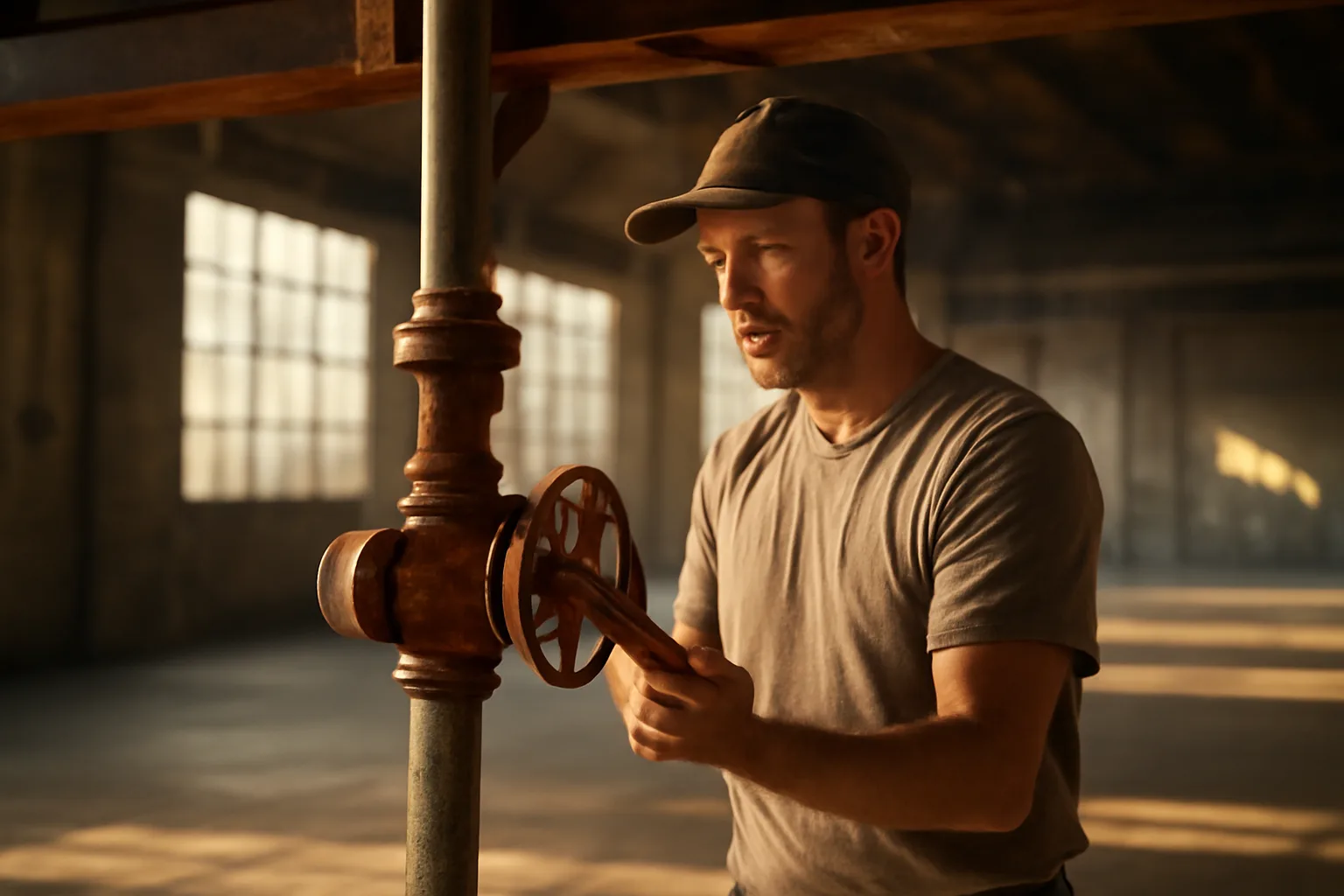 Worker checking a wet pipe sprinkler valve during Iowa ITM